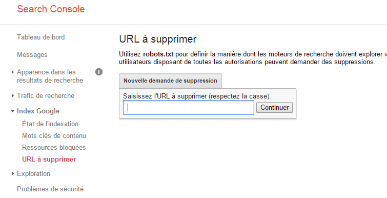 Supprimer une URL dans Search Console de Google