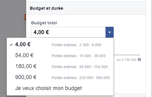 Budget et durée de la publicité Facebook : payer 4 euros