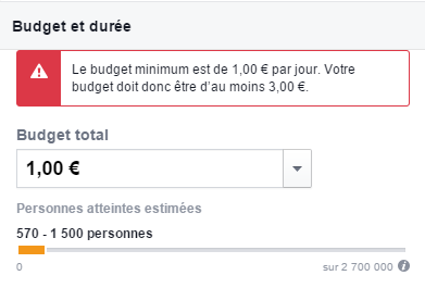 Budget et durée de la publicité Facebook : 1 euro (budget minimum)
