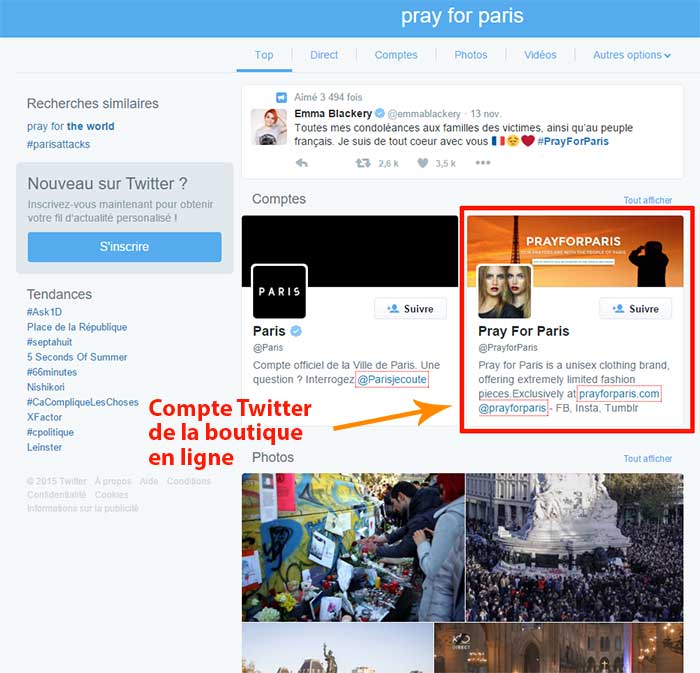 Pray For Paris dans les résultats de recherche de Twitter