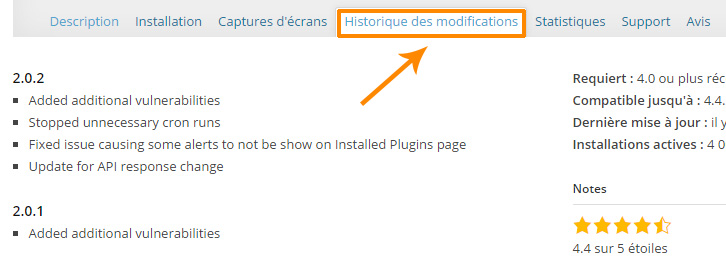 Historique des modifications du plugin WordPress