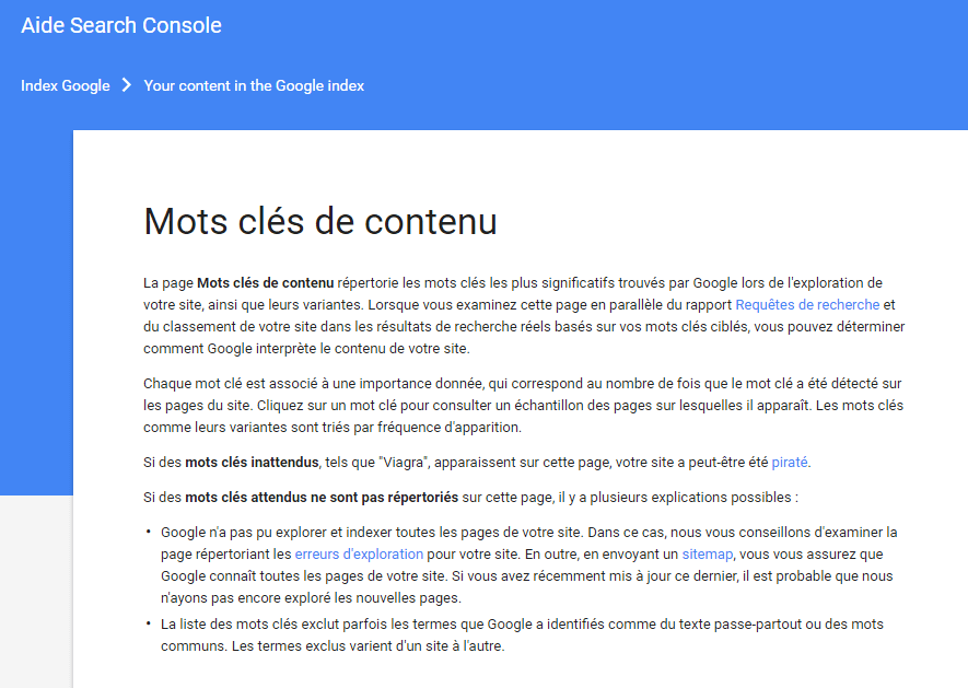 Mots clés de contenu dans l'Aide Search Console