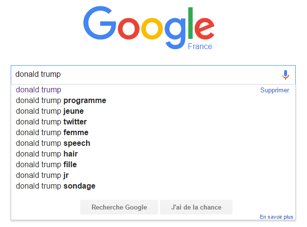 Donald Trump dans les suggestions de Google