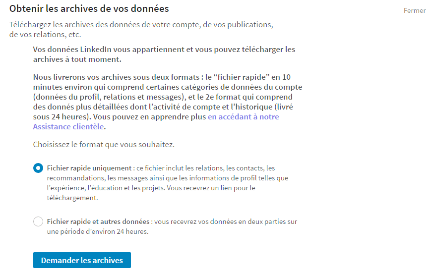 Télécharger les archives dans LinkedIn