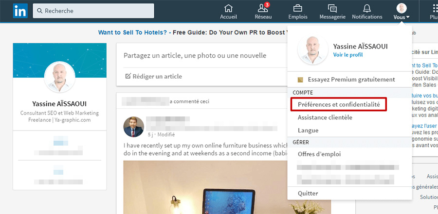 "Préférences et confidentialité" dans le compte LinkedIn.