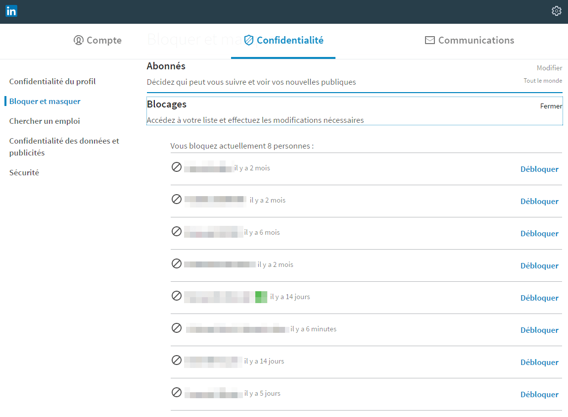 Liste des personnes bloquées sur LinkedIn