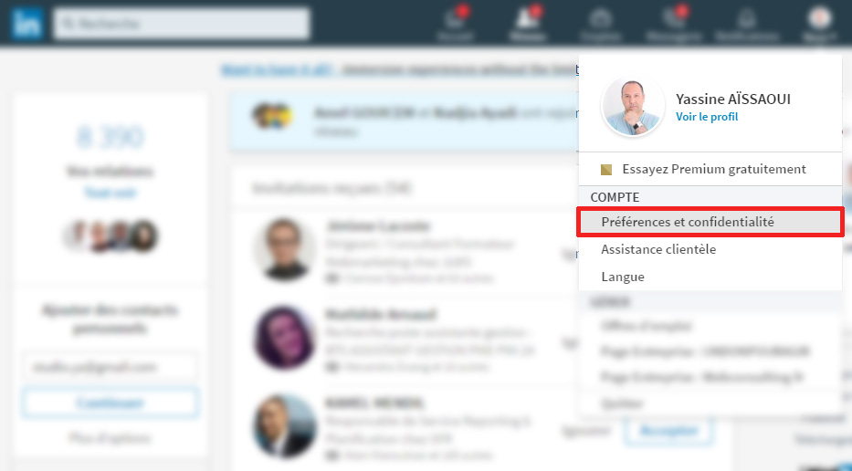 Préférences et confidentialités dans LinkedIn