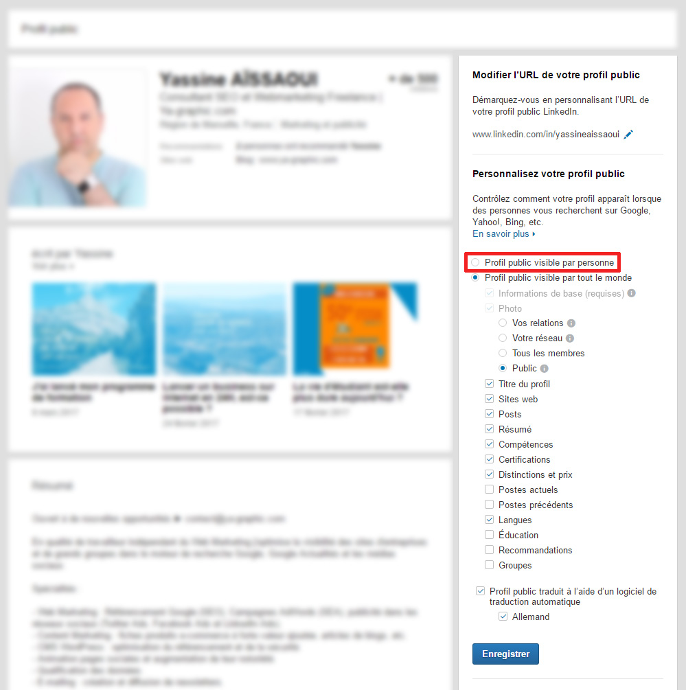 Page "Profil public" dans LinkedIn