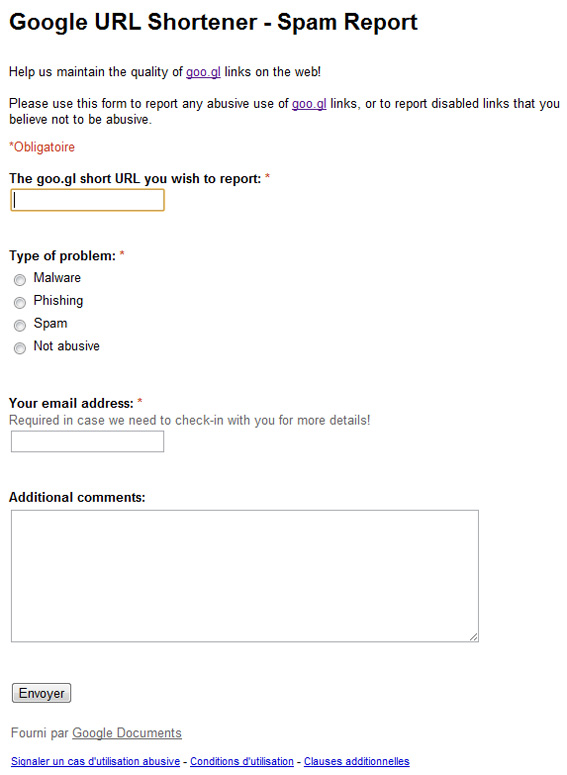 Spam Report du raccourcisseur d'URL : Goo.gl