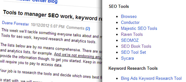 Listes d'outils SEO gratuits et/ou payants proposés par Bing.