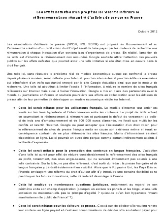 Google France contre la loi proposée par les associations d'éditeurs de presse.