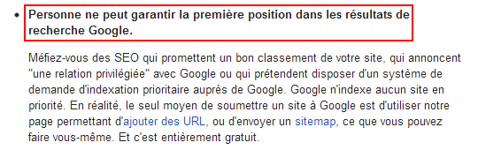 Les consignes de Google au sujet du positionnement garanti