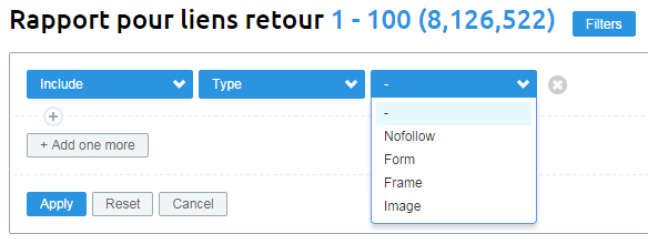 Filtre des backlinks dans Semrush