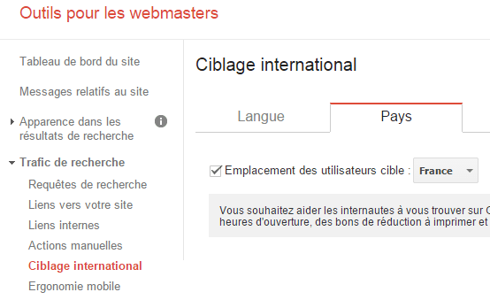 Ciblage international dans Google Webmaster Tools
