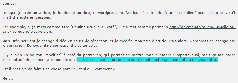 Forum WordPress : question posée par un utilisateur