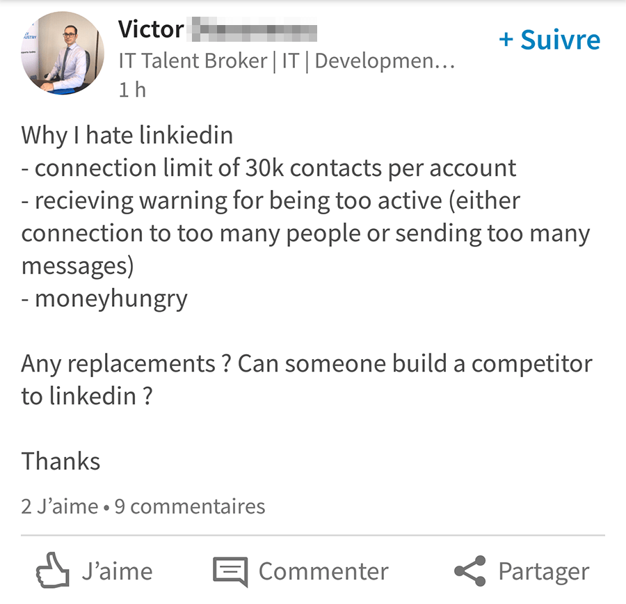 "Why I hate LinkedIn" : Limite de taille du réseau à 30 000 relations de 1er niveau