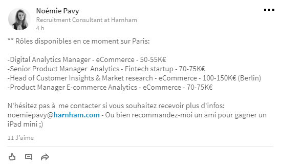 Post d'un Consultant en recrutement sur LinkedIn