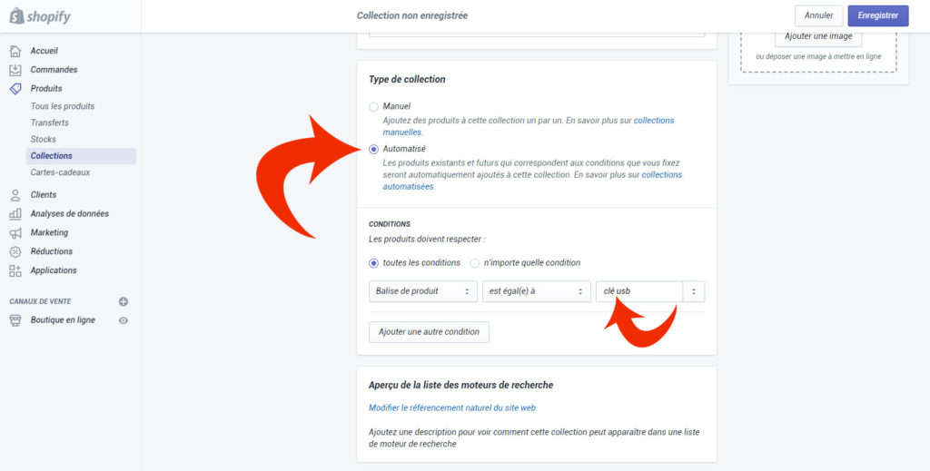 Création de collection dans Shopify